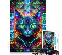 Neon Cat Stained Glass Jigsaw Puzzles for Adults 1000 Pieces Logic Sense Toy Relaxing Fun Smooth Edge (38x52cm)