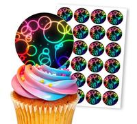 Neon Circles Rainbow Glow Black, 24 Edible Paper 2.0" Cupcake Toppers