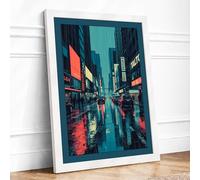 Neon City at Night Modern Framed Wall Art Print A2 (59.4×42cm) White, Wall Decor for Living Room, Bedroom, Office & Home, Ready to Hang, Art Gift