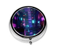 (Neon City) Round Pill Box with 3 Compartments Small Portable Pill Organizer for Travel