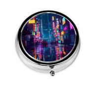 (Neon City) Round Pill Box with 3 Compartments Small Portable Pill Organizer for Travel