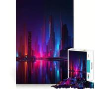 Neon Cityscape Reflection Hard Jigsaw Puzzle for Adults 1000 Pieces Think Toy Peaceful Fun Clean Cut Fine Art Piece (38x26cm)