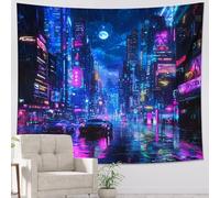 Neon Cityscape Tapestry, Blue Peach Urban Wall Hanging, Futuristic Aesthetic for Living Room, Bedroom, Party Decor 60x80 Inch