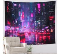 Neon Cityscape Tapestry, Vibrant Violet Peach Wall Hanging, Futuristic Urban Aesthetic for Bedroom, Living Room, Dorm, Decorative Art Piece 40x60 Inch