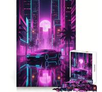 Neon Cityscape with Car Reflection Jigsaw Puzzles for Teenagers 1000 Pieces Fine Logic Toy Soft Relax Neat Edge Premium Gift (38x26cm)