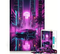Neon Cityscape with Car Reflection Jigsaw Puzzles for Teenagers 1000 Pieces Fine Logic Toy Soft Relax Neat Edge Premium Gift (38x26cm)