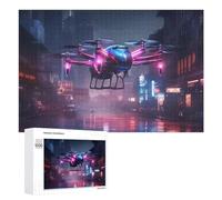 Neon Cityscape with Hovering Drone Puzzle for Adults, 1000 PCS, Illustrated Jigsaw Edition, A Focused Activity for Patient Adult Puzzlers, at Home