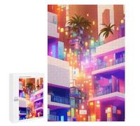 Neon Cityscape with Palm Trees -1, 1000 PCS Adult Picture Puzzle, Year-End Present, for Mindful Indoor Entertainment