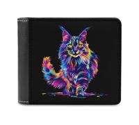 Neon-Colored Maine Coon Cat Portrait PU Leather Wallets Stylish Bifold Wallet Slim Front Pocket Credit Card Holder for Women Men