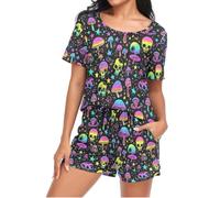 Neon-colored Skulls Mushroom Womens Pyjamas Sets Short Sleeves, Ladies Pajamas Pjs Set Loungewear with Pocket Size M