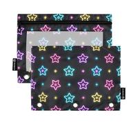 Neon Colored Stars 3 Ringing Binder pouching with Clear Window Color Pencil case Clear Window & Grommets Pocket folders for 3 for Classroom School Office Supplies Multicolored 2 PCS