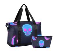 Neon Colored Stars Moons and Skeletons Large Travel Duffel Luggage Weekend Bag with Adjustable Strap for Trekking Waterproof, Neon colored stars, moons and skeletons, One Size