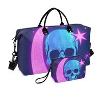 Neon Colored Stars Moons and Skeletons Travel Bag Overnight Carry On Tote and Luggage Gym Bag with Toiletry Bag for Travel 2 Pcs Set Bolsa de lona para