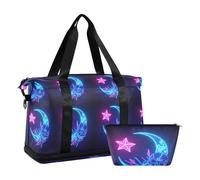 Neon Colored Stars Moons and Skeletons Travel Hand Bag with Wet Pocket Adjustable Strap Sport Training Bag for Sports 2 Pcs Set for men women