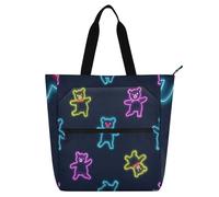 Neon Colorful Cartoon Cute Dancing Bear Kids Tote Bag Piano Book Bag for Kids Students Adults, Gothic Lightweight School Shoulder Bags with Zipper Pockets for School and Playtime Rainbow