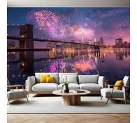 Neon Colors Mural Wallpaper Brooklyn Bridge at Night Non-Woven Art Print 390 x 260cm Wall Murals Poster Picture Design Modern Decoration for Bedrooms Living Room Children Nursery