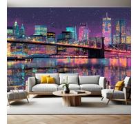 Neon Colors Panoramic Mural Wallpaper 390 x 260 cm Brooklyn Bridge at Night Wall Mural Non-Woven Art Print Wallpaper Living Room Bedroom Sofa TV Backdrop Decoration Poster Picture Photo