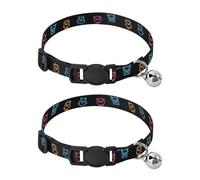 Neon Cute Faces Black Collar with Bell for Dog Puppy 2 Pack Pet Collars Adjustable Length 10.6" to 17.1"
