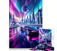Neon Cyberpunk Supercar in Future City Jigsaw Puzzles for Adults 1000 Pieces Mind Skill Toy Slow Enjoy Design Assembly Lovely Gift (38x26cm)