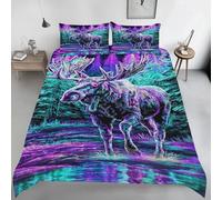 Neon Deer Duvet Cover Single Size, Forest Animal Print Bedding Set, Soft Microfiber Psychedelic Art Comforter Cover with 1 Pillowcase, with Zipper Closure & Corner Ties B105b