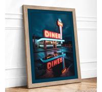 Neon Diner at Dusk Retro Framed Wall Art Print A1 Oak