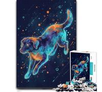 Neon Dog Leaping in Space Adult Wooden Jigsaw Puzzle | Adult Puzzle: visual matching for a more organised build in spare time.