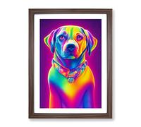 Neon Dog No.2 Framed Print | A3 Walnut Framed Wall Art | Ready to Hang | Modern Animal Picture | Living Room Bedroom Lounge Office