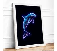 Neon Dolphin Leap Framed Wall Art Print A4 White