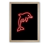 Neon Dolphin Leap Minimalist Framed Wall Art Print A2 (59.4×42cm) Oak, Wall Decor for Living Room, Bedroom, Office & Home, Ready to Hang, Art Gift