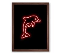 Neon Dolphin Leap Minimalist Framed Wall Art Print A2 (59.4×42cm) Walnut, Wall Decor for Living Room, Bedroom, Office & Home, Ready to Hang, Art Gift