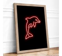 Neon Dolphin Leap Minimalist Framed Wall Art Print A2 Oak