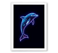 Neon Dolphin Leap Modern Framed Wall Art Print A4 (29.7×21cm) White, Wall Decor for Living Room, Bedroom, Office & Home, Ready to Hang, Art Gift