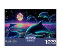 Neon Dolphins 100% Recycled Cardboard Dolphins Under Moon 1000 Piece Puzzle for Adults The Impossible Challenge 38x26cm/1000pcs