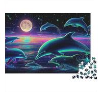 Neon Dolphins 1000 Piece for Adults Jigsaw Puzzle Game Toys Gift Dolphins Under Purple Moon Challenging Brain Teaser Recycled Paper Home Decoration Puzzle Smooth Edging 52x38cm/1000pcs