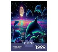 Neon Dolphins 1000 Piece Glowing Dolphins Swim Under Moonlit Cosmic Sea Jigsaw Puzzles for Puzzles 1000 Pieces Jigsaw for Adults Challenging Puzzles for Adults Birthday Gifts 52x38cm/1000pcs