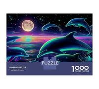 Neon Dolphins 1000 Piece Jigsaw Puzzles Dolphins Under Moonlit Ocean Adults Aged 12 And Above Educational Games Beautiful Decoration Challenge High Difficulty Male And Female Birthday 52x38cm/1000pcs