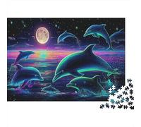 Neon Dolphins Adult Jigsaws Psychedelic Nebula Landscape Puzzle Fun Present & Activity for Wall Decoration And Gifts 38x26cm/1000pcs