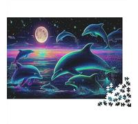 Neon Dolphins Colourful Dolphins Under Moon 1000 Pieces Jigsaws Adults The Impossible Challenge Home Activity 52x38cm/1000pcs