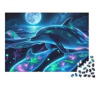 Neon Dolphins Night 1000 Piece Men Women Adults Puzzle Glowing Spirit Dolphins Swim Beneath Full Moon Premium Sturdy Vibrant Challenging Stress Relief 38x26cm/1000pcs