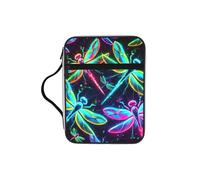 Neon-Dragonflies Bible Cover Case with Handle, Water-Resistant Oxford Fabric Bible Bag Organizer with Zipper Pockets for Church