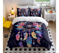 Neon Dreamcatcher Floral Duvet Cover Bohemian Bedding Set with Colorful Feathers - Soft Microfiber Comforter Cover for Bedroom Decor (style1,Double200x200cm+65x65cm*2)