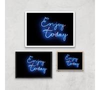 Neon Enjoy Today Giclee Art Print - A4 - Wooden Frame