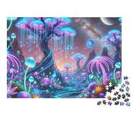 Neon Fantasy Landscape 1000pc Jigsaw Puzzle Adults Glowing Magic Forest Under Starry Moon Sky Premium Sturdy Vibrant Challenging Stress Relief Gift 52x38cm/1000pcs