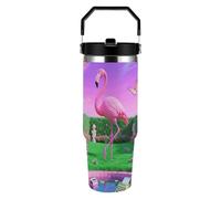 Neon Flamingo Pattern 30oz Tumbler Large Capacity Car Cup with Handle And Straw Lid Stainless Steel Travel Mug Double Wall Vacuum Insulated Cup Leak-Proof for Outdoor Home Use