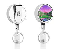 Neon Flamingo Pattern Badge Reel Retractable Stainless Steel Badge Clip with Lanyard Cute Badges Reel Holder Heavy-Duty Nurse Doctor Name Tag Badges Clip for Work