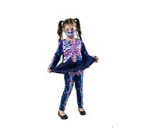 Neon Floral Skeleton Halloween Costume for Girls - Jumpsuit with Built-in Tutu & Matching Half Face Mask - 3-4 Years