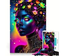 Neon Floral Woman Portrait Jigsaw Puzzles 1000 Piece for Adults Smart Game Stress Free Pattern Assembly Warm Surprise (50x75cm)
