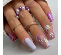 Neon Flower Press-On Nails - 24PCS Short Square Fake Nail Set, Vibrant 3D Floral Design on Glossy Black Base, Acrylic Reusable Nails with Strong Adhesive Tabs, Easy DIY Manicure