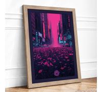 Neon Flowers in the City Framed Wall Art Print A3 Oak