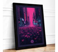 Neon Flowers in the City Framed Wall Art Print A4 Black